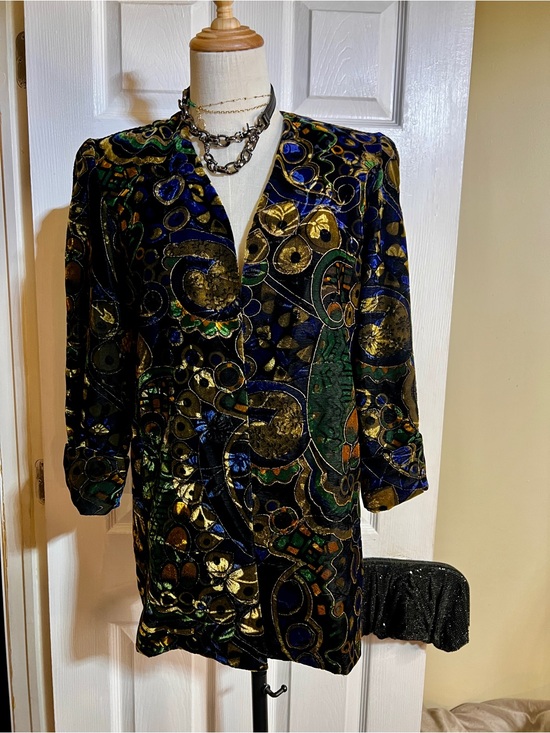 Another Thyme Jackets & Blazers - Another Thyme Vtg 90s Geo Abstract Velvet Metallic Artsy Glam Open Blazer S/M